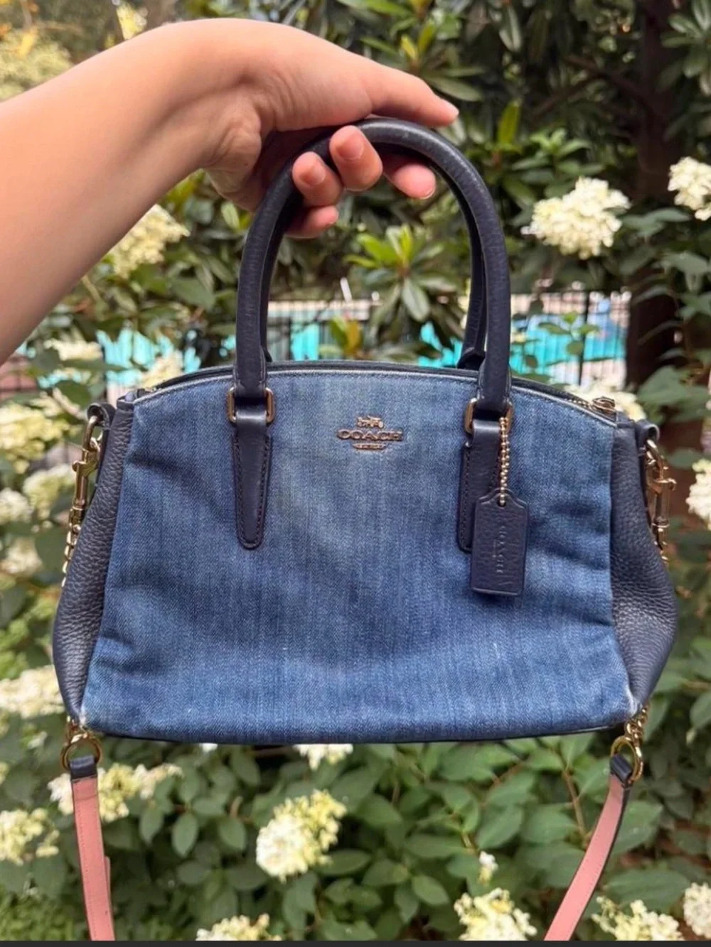Coach Blue Denim Satchel with Navy Leather Trim and Pink Strap